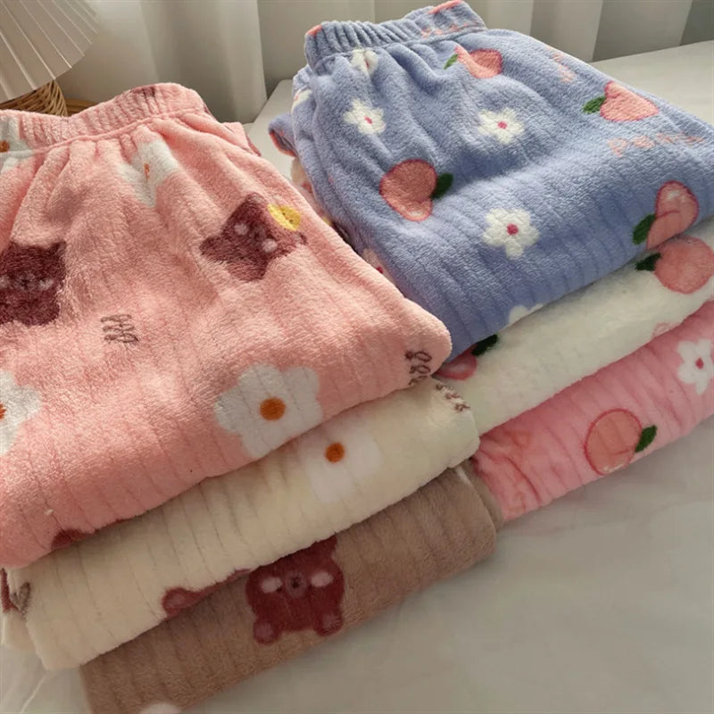 Women Thick Fleece Long Pants Elastic Waist Print Loose Pajamas Trousers New Lady Casual Wide Leg Home Pants