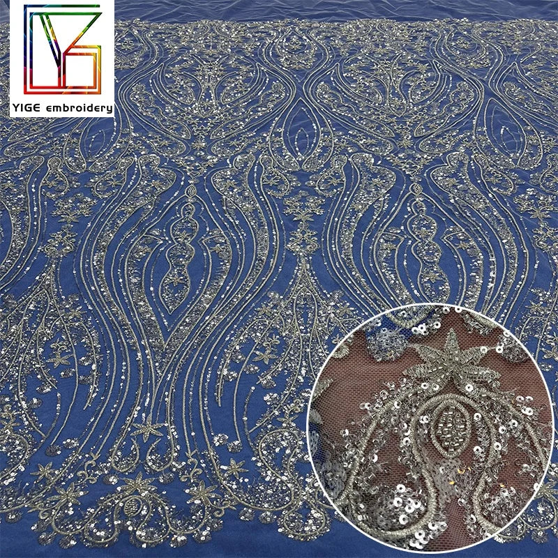 French Sequin Lace Fabric Tulle Beads Lace 100% Polyester Embroidery Beaded Bridal Lace Fabric