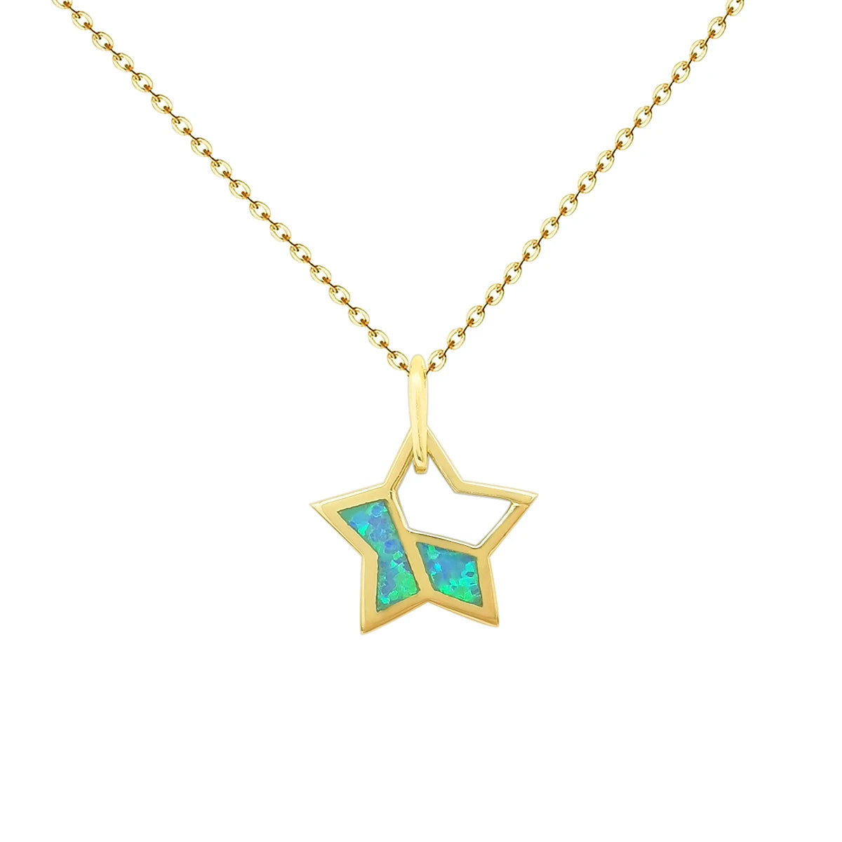 Solid 14K Yellow Gold Women's Necklace Opal Star Pendant Trendy Gold Chain Link Chain for Wedding Engagement Great Gift Idea