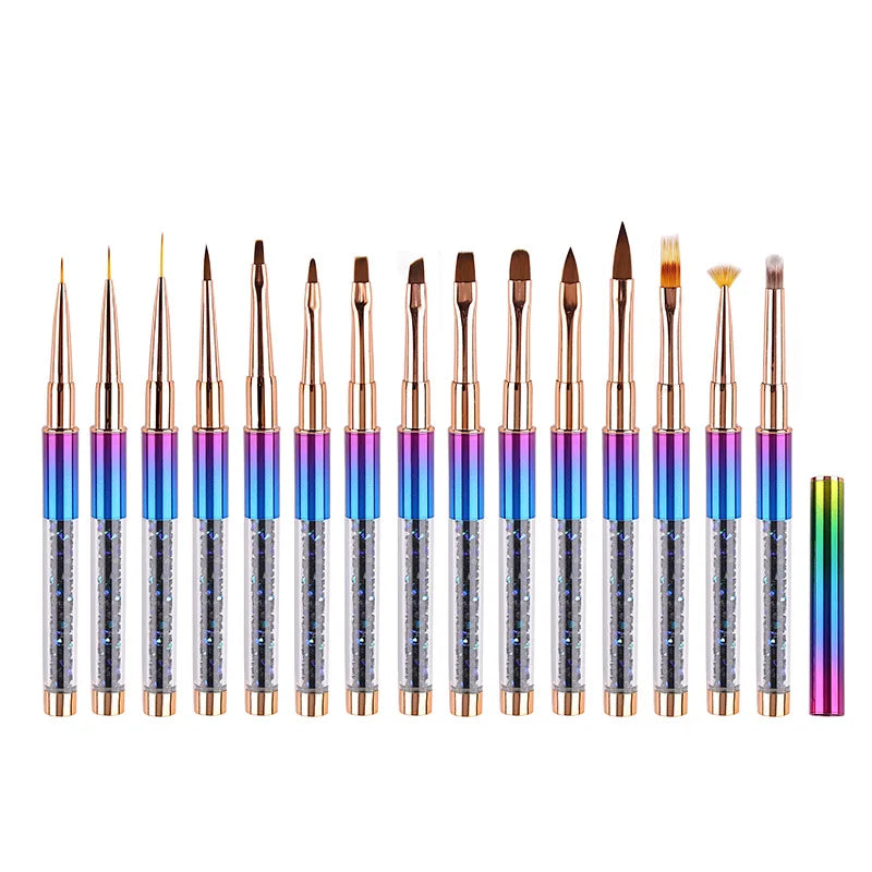 Professional Bling Metal Handle Nail Art Brush Set Custom Logo Acrylic and Nylon Material for Painting & Drawing Pen