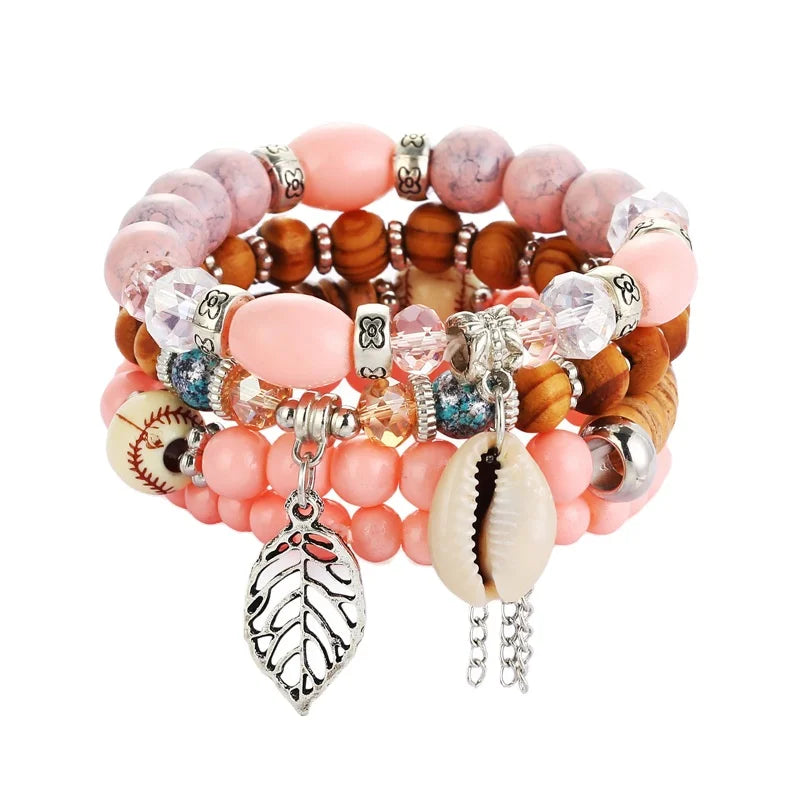 Custom Crystal Beads Charm Bracelet Stylish Hollow Leaf Wood Beads Handmade Multilayer Crystal Natural Shell Bracelet