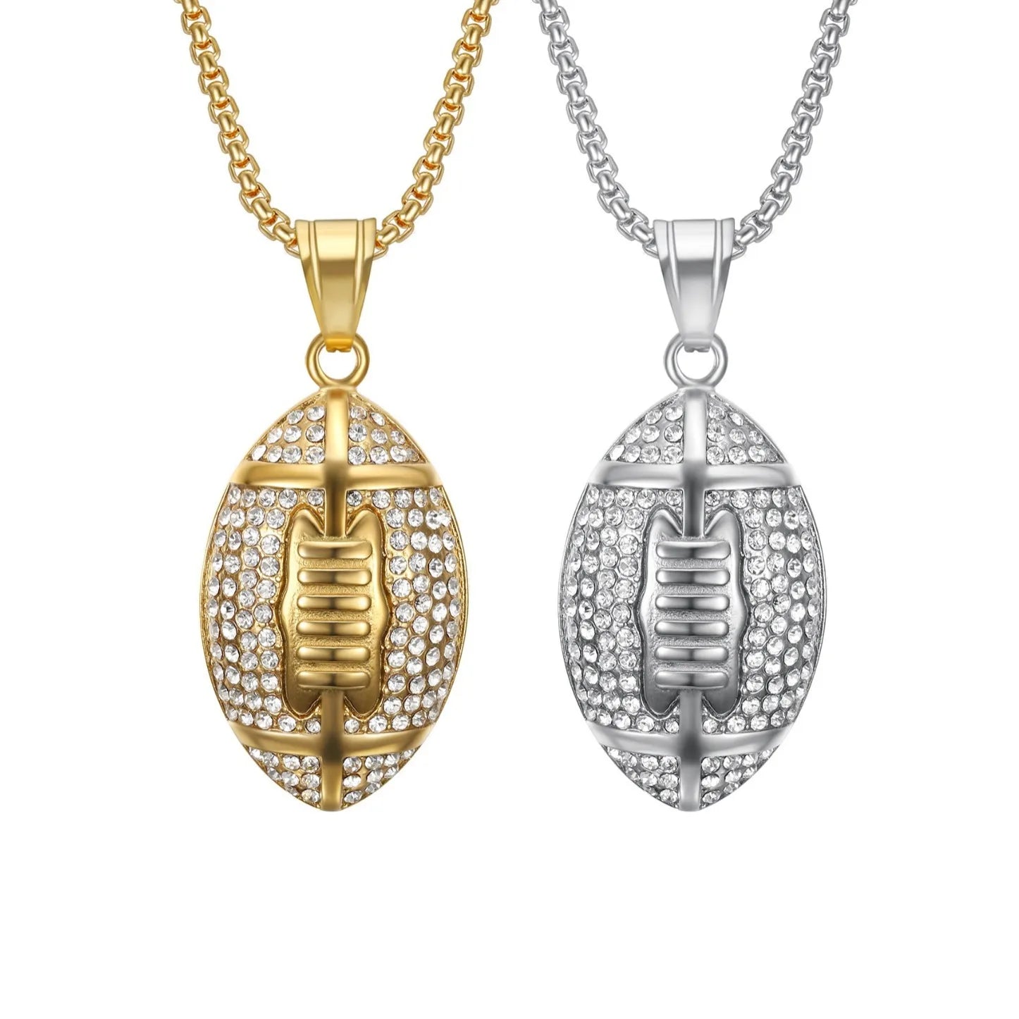 Classic Style Stainless Steel Hip Hop American Football Metal Necklace Gold Plated with Rhinestone and Zircon Classic Style