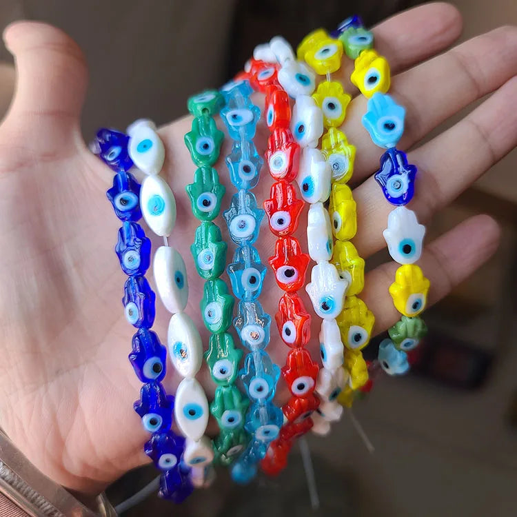 GP0946 Unique White Colored Lamp Work Evil Eyes Glazed Glaze Jewelry Heart Hamsa Hand Beads for Jewelry Bracelet Necklace Making