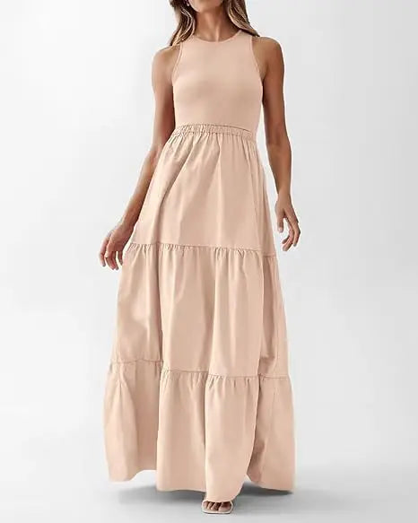 Women Round Neck Patchwork Sleeveless Pocket Casual Dress