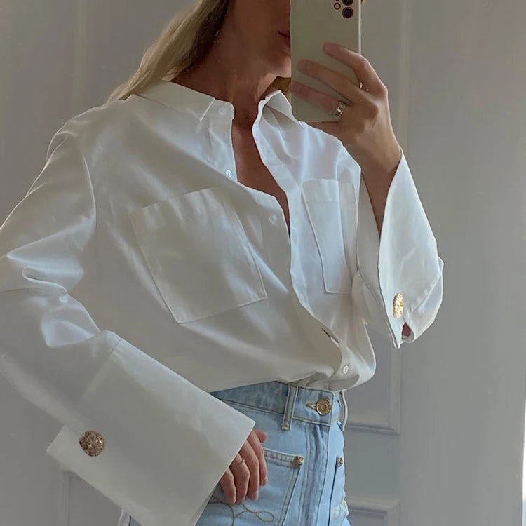 Manufacturer Trendy Fashion Double Chest Pockets Turn-Down Collar Women's Shirts Button Up White Long Sleeve Shirt For Women