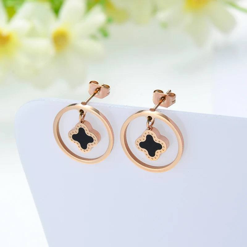 Trendy New Fashion Stainless Steel Stud Earrings Cute Rose Gold Plated Set Bezel Setting Jewelry Inspired by Flowers