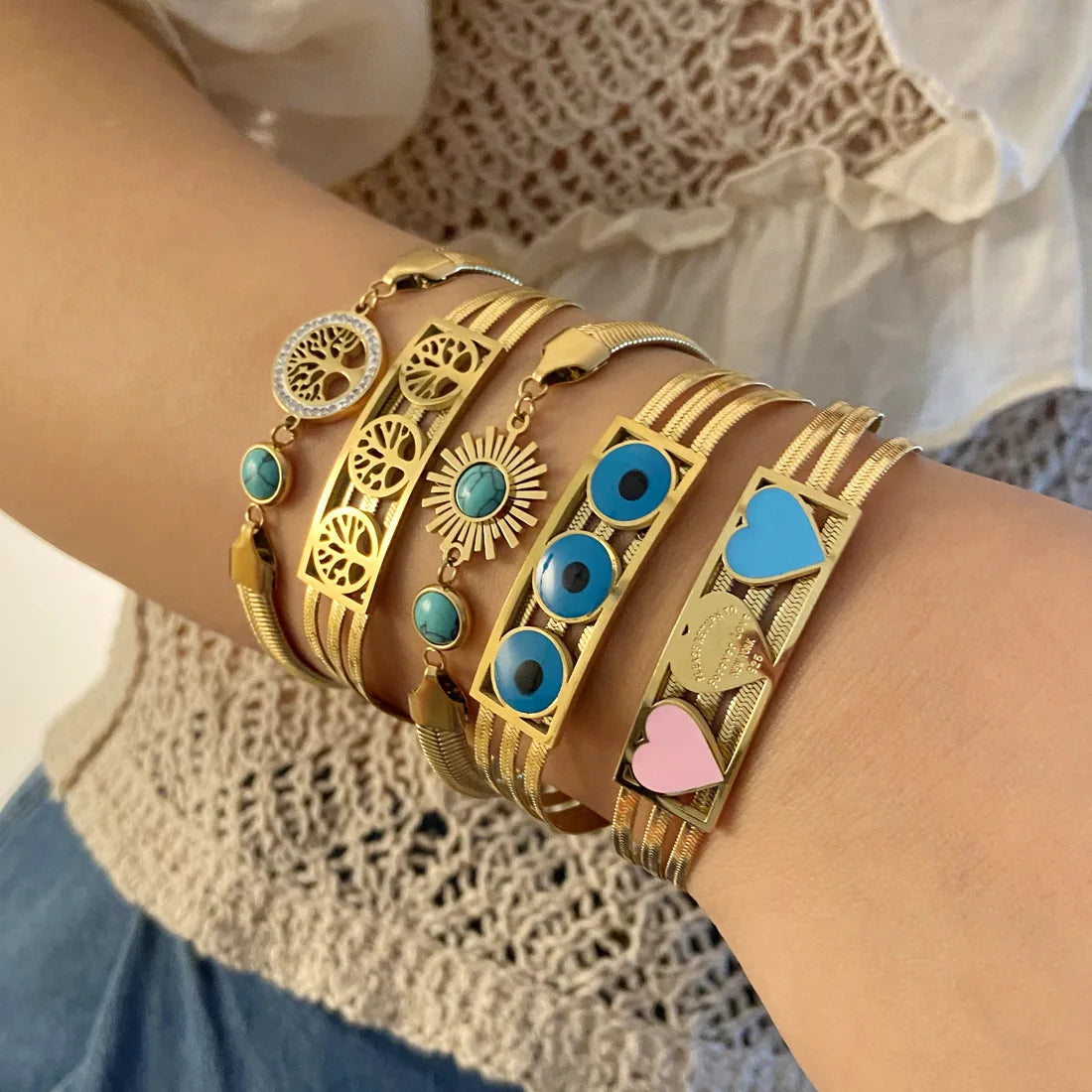 Hip Hop Chunky Gold Plated Evil Eyes Herringbone Chain Bracelet Stainless Steel Tree of Life Snake Chain Bracelet for Women