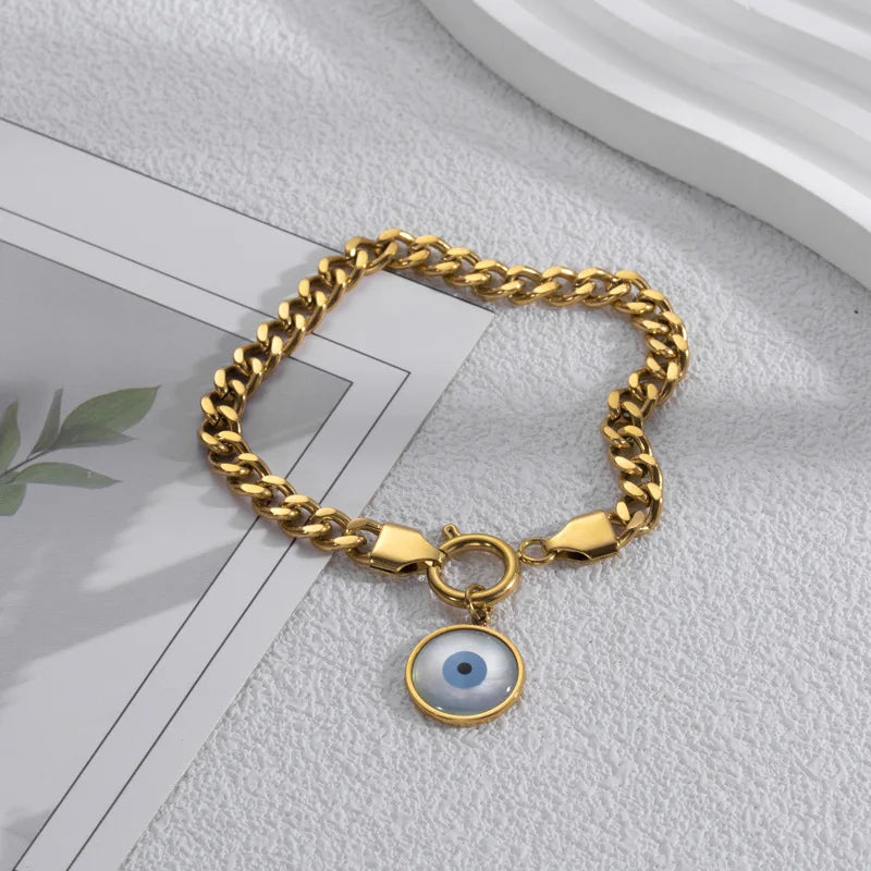 European Popular Stainless Steel Link Chain Evil Eyes Pendant  18K Gold Plated Blue Eyes Charm s
