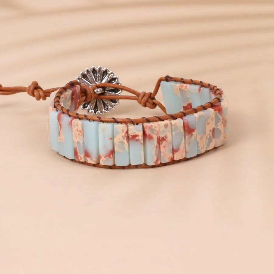 Bohemian Handmade Imperial Stone Leather Knitting Wrap Natural Stone Bead Bracelet SKB004