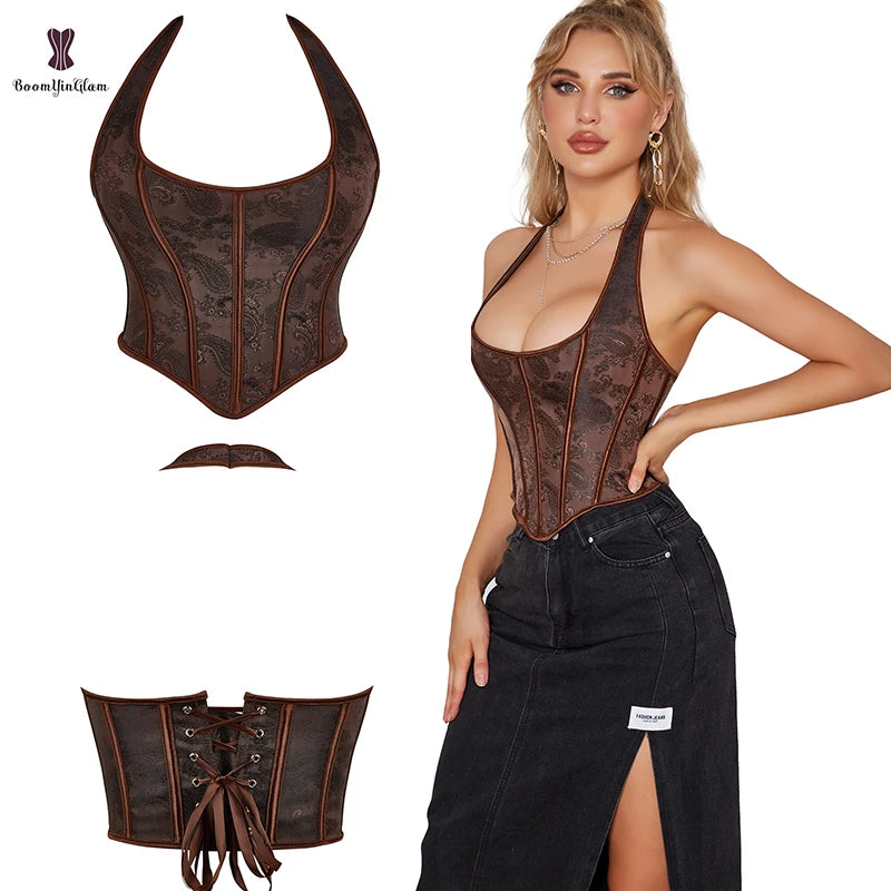 Wholesale Price Fashion Corset Top Women Bustier Brown Bodice Gothic Corselet Overbust Short Cropped Top Zipper
