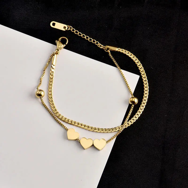 HOVANCI Stainless Steel Bracelet Jewelry Cubic Heart Adjustable Bracelet 11 Double-layer Heart Bangle Bracelet
