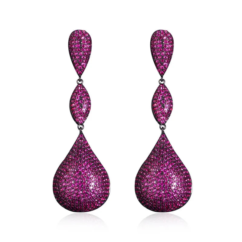 Geometric Creative Temperament Purple Zirconia Full Paved Long Water Drop studded Earrings