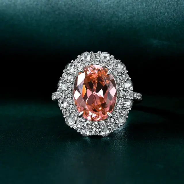 925 Sterling Silver Classic Oval Shape Zirconia Pink Ring 10x13MM Padparadscha Rhodium Plated for Wedding or Party
