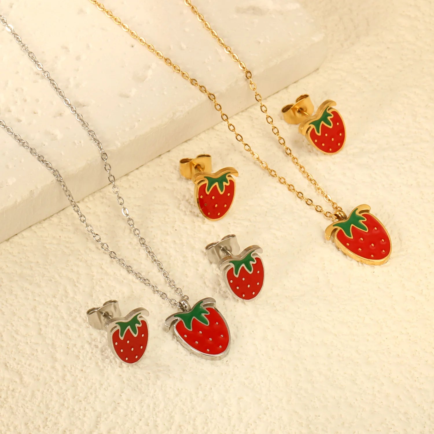 SC New Style Sweet Fruit Necklace Rings Set Fashion Stainless Steel Jewelry Set Korean Strawberry Jewelry Set for Teen Girls