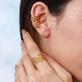 Geometric Hollow Leaf Stainless Steel Earrings Ring Set Fashionable 18k Pvd Coated Waterproof Stainless Steel Open Ring Jewelry