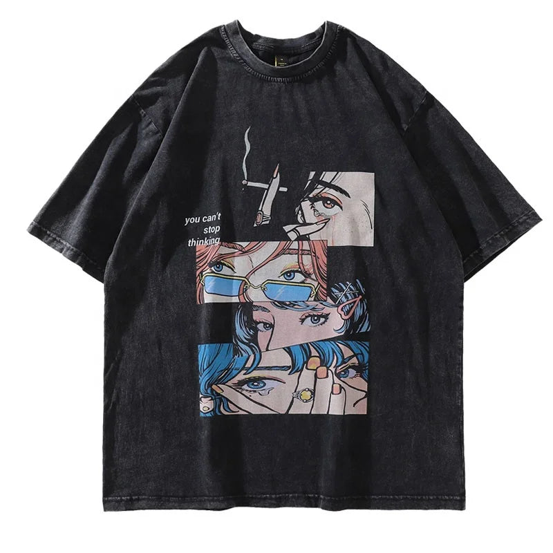 Distressed Oversize Grunge T Shirt Streetwear Japanese Anime Eyes Print Retro Tshirt 2023 Hip Hop Casual Cotton Loose T-shirt