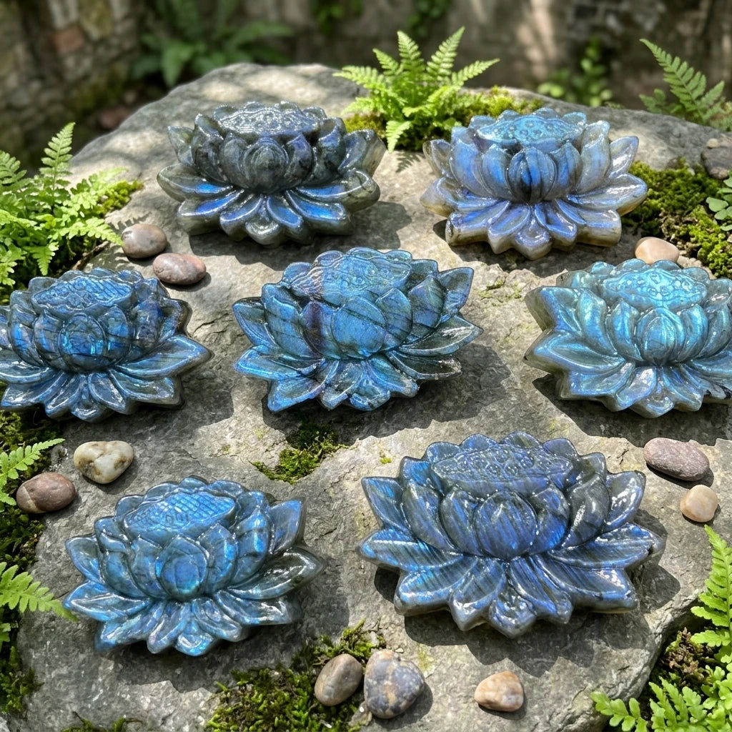 Wholesale High Quality Natural Crystal Labradorite Lotus Carvings With Strong Blue Flash Healing Stone For Pendant and Gift