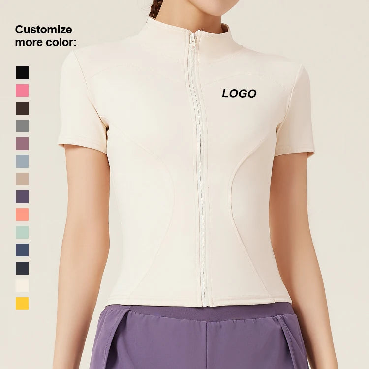 2024 Custom Women Soft Comfortable Outwork Sports Short Sleeves Gym Zip up Jackets Tight Running Yoga Fitness Top