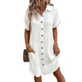 RNSHANGER Women's Fashion Summer Minimalist V-neck Button up Dress Woman White Short Sleeved Pocket Casual Loose Shirt Dress