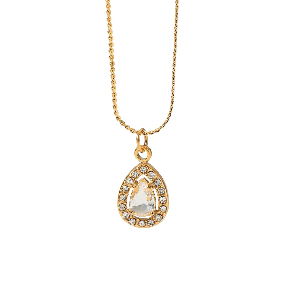 18K Gold Plated Teardrop Crystal Pendant Necklace Zircon Halo Charm Jewelry for Women Bridal Gift Statement Chain Wholesale