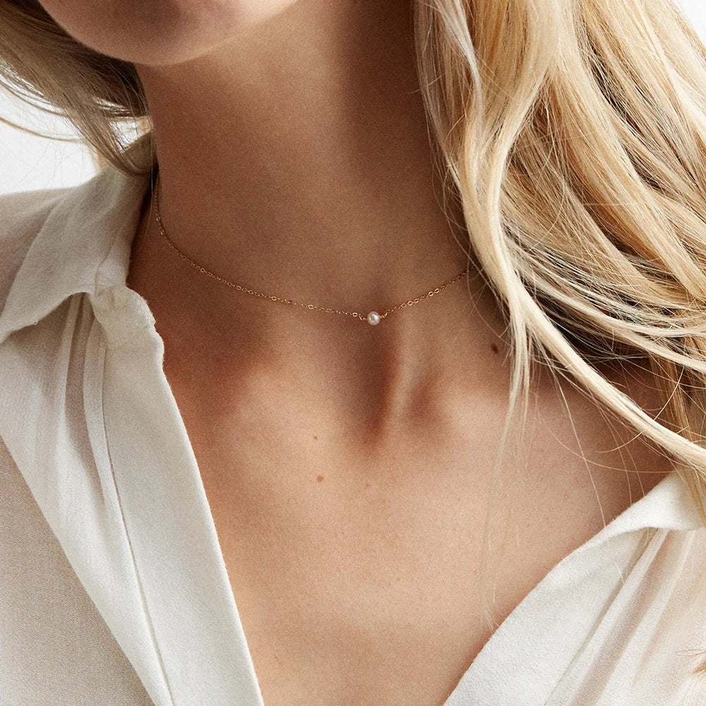 Wholesale Necklace Minimalist Simple Jewelry 316L Stainless Steel 4MM Pearl Pendant Choker Necklace