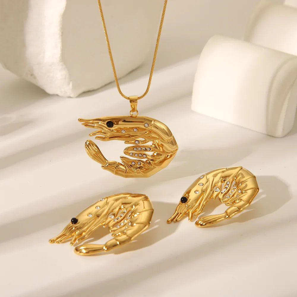 Luxury High-End Fashion Jewelry Sets 18K Gold Plated Stainless Steel Distinctive Zircon Lobster Pendant Necklace and Earrings