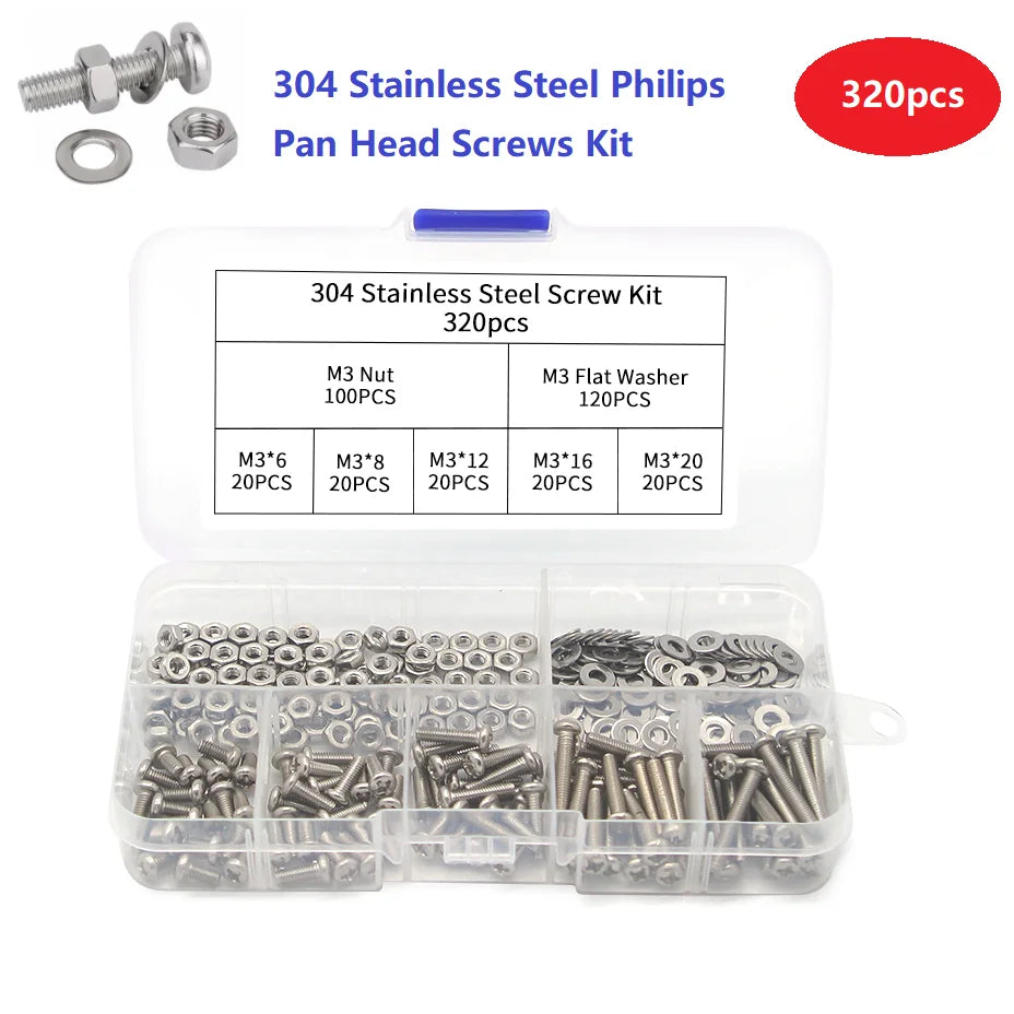 Assorted 320pcs/Box Screws Kit 304 SUS Metric M3 Screw Kit Slotted Pan Head Machine Screws Nuts and Washers Assortment