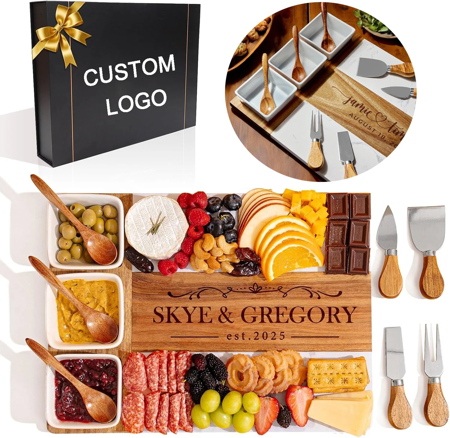 New Design Gift Set White Marble and Acacia Wood Charcuterie Cheese Board With 3 Bowls Utensils Stainless Steel Cutlery