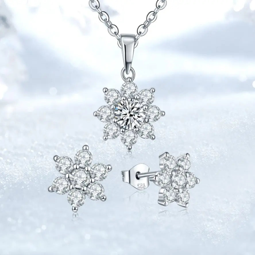 GRA Certified Moissanite Snowflake Necklace and Stud Earrings Set Wedding 925 Sterling Silver Moissanite Jewelry Set for Women