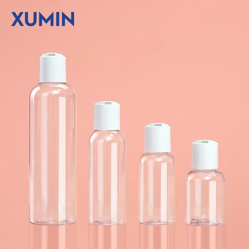 Wholesale High-End Plastic PET Toner Bottle Clear Round Shoulder Body Lotion Bottle with White Disc Cap 50ml 75ml 100ml 250ml
