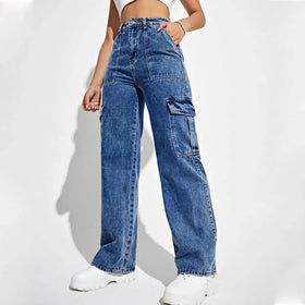 Vintage High Waist Y2K Eco-Friendly Breathable Denim Cargo Pants with Pockets for Women