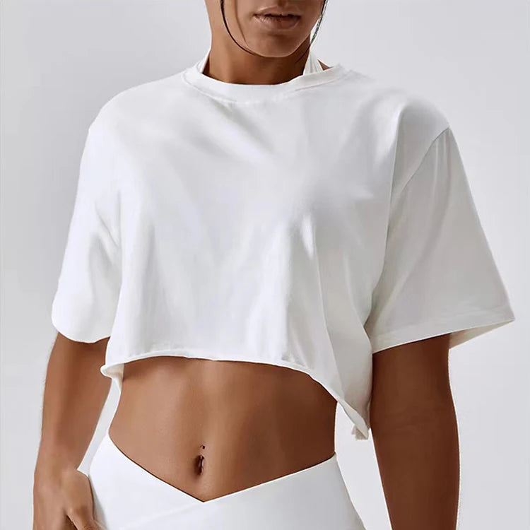 New Women's Custom Logo Loose Cropped Yoga  Shirt Short Sleeve Breathable Gym T Shirt Running Workout Yoga Shirt
