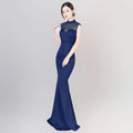 1498# Europe and the United States New Stand Collar Nail Beads Back Slimming Annual Banquet Long Dress Nightclub