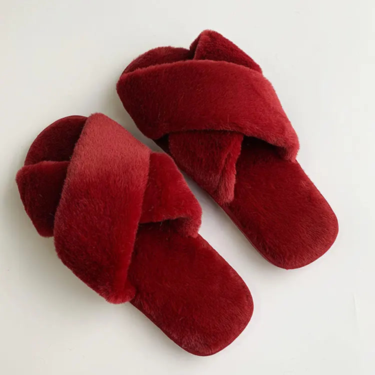 Beautiful Fashionable Women's Indoor Outdoor Soft Fleece Anti-Slip Warm Cross Strap Slippers Winter Faux Fur Plush Wholesale MegaBDM