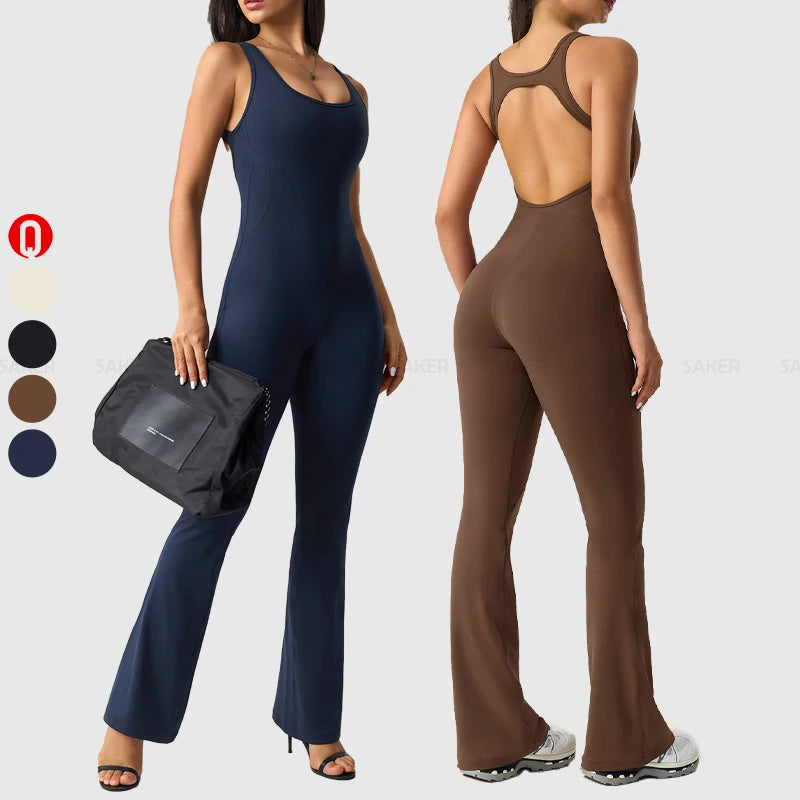 Hot Sale Skin Friendly Removable Chest Pad Flared Gym Bodysuits Running Hollow Out Back Sexy Slim Fit Yoga Jumpsuits for Women MegaBDM