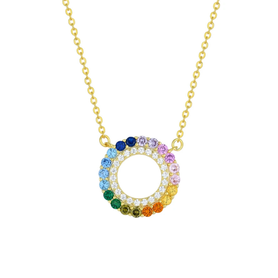 18K Gold Plated Colorful Cubic Zirconia Fine Jewelry Hollow Round 925 Sterling Silver Necklace