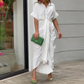 Women Elegant Shirt Dress Summer Short Sleeve Button Ruched Dress Female Sloid Long Casual Dresses