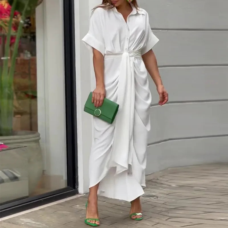 Women Elegant Shirt Dress Summer Short Sleeve Button Ruched Dress Female Sloid Long Casual Dresses