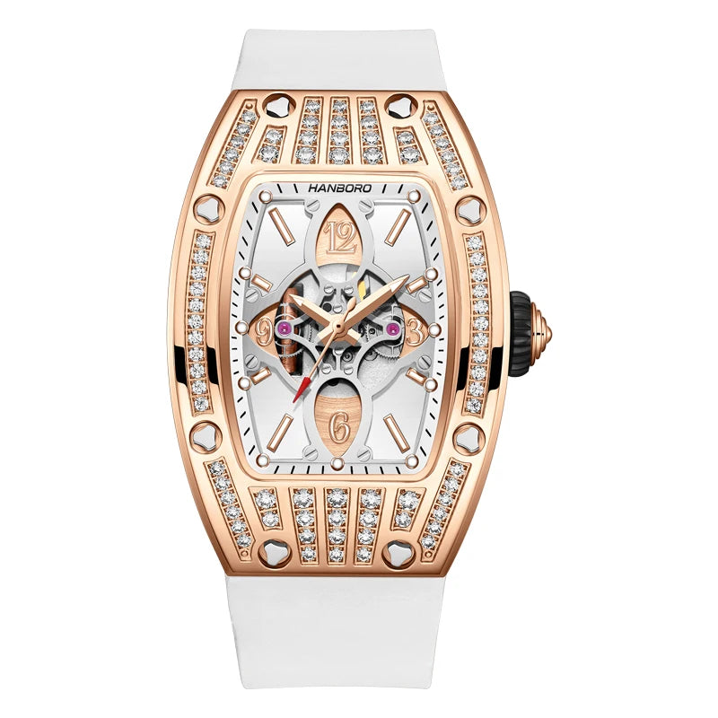 HANBORO Women's Compact Precision Dial Design Watch Four Leaf Clover Diamond Bezel Luminous Glass Dial Window Pointer Display