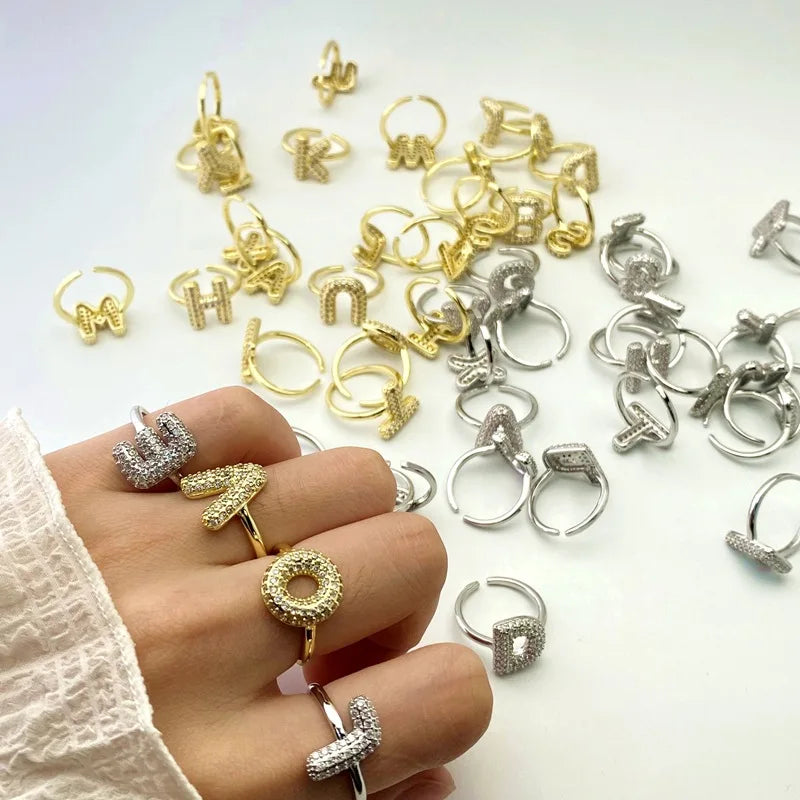 Gold Plated Bubble Balloon 26 English Alphabet Gold Silver Ring Open Ring Hand Decoration Index Finger Letters Fashion Rings
