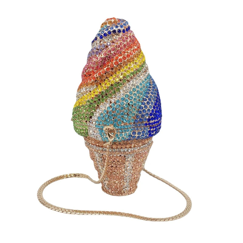 New Luxury Crystal Rhinestone Bling Diamond Chain Ice Cream Clutch Purse for Wedding Party Evening