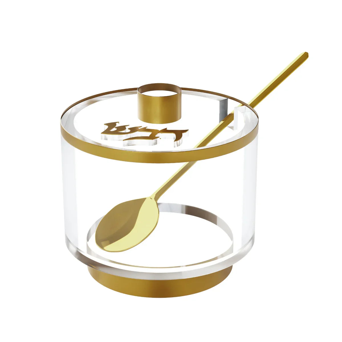 Judaica Jewish Rosh Hashanah Table Gold Metal Spoon Magnetic Lid Acrylic Lucite Honey Dish With Base