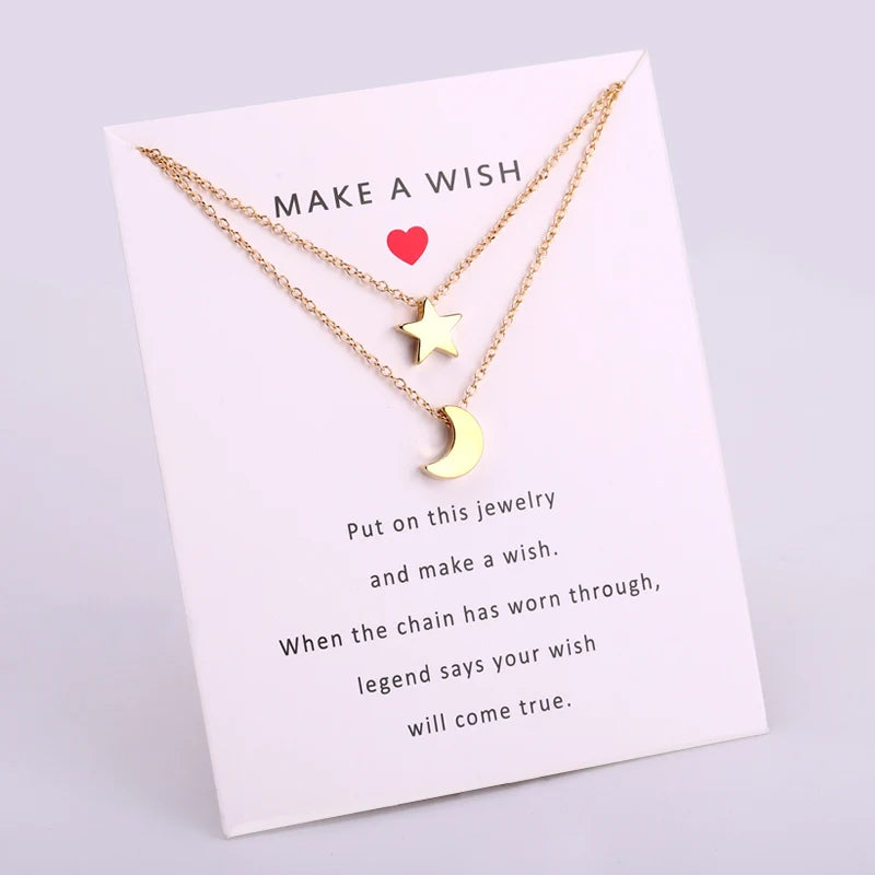 Best Friend Crown Moon Stars Heart with Rhinestones Crystal Make a Wish Card Womens Jewelry Star Pendant Chain Necklace