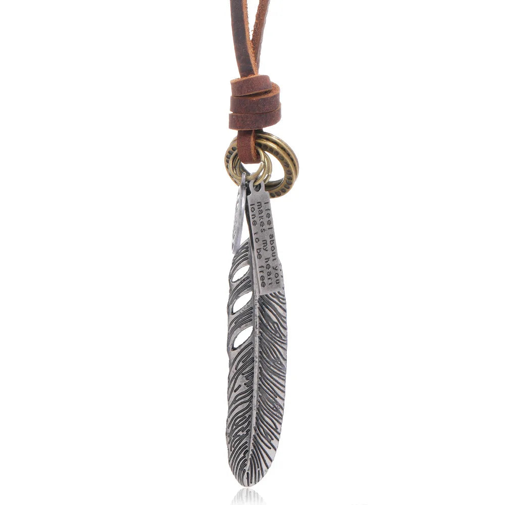 Hot Selling Metal Feather Pendant Necklace Men's Vintage Jewelry Genuine Leather Chain Rope Necklace  Accessory Jewelry