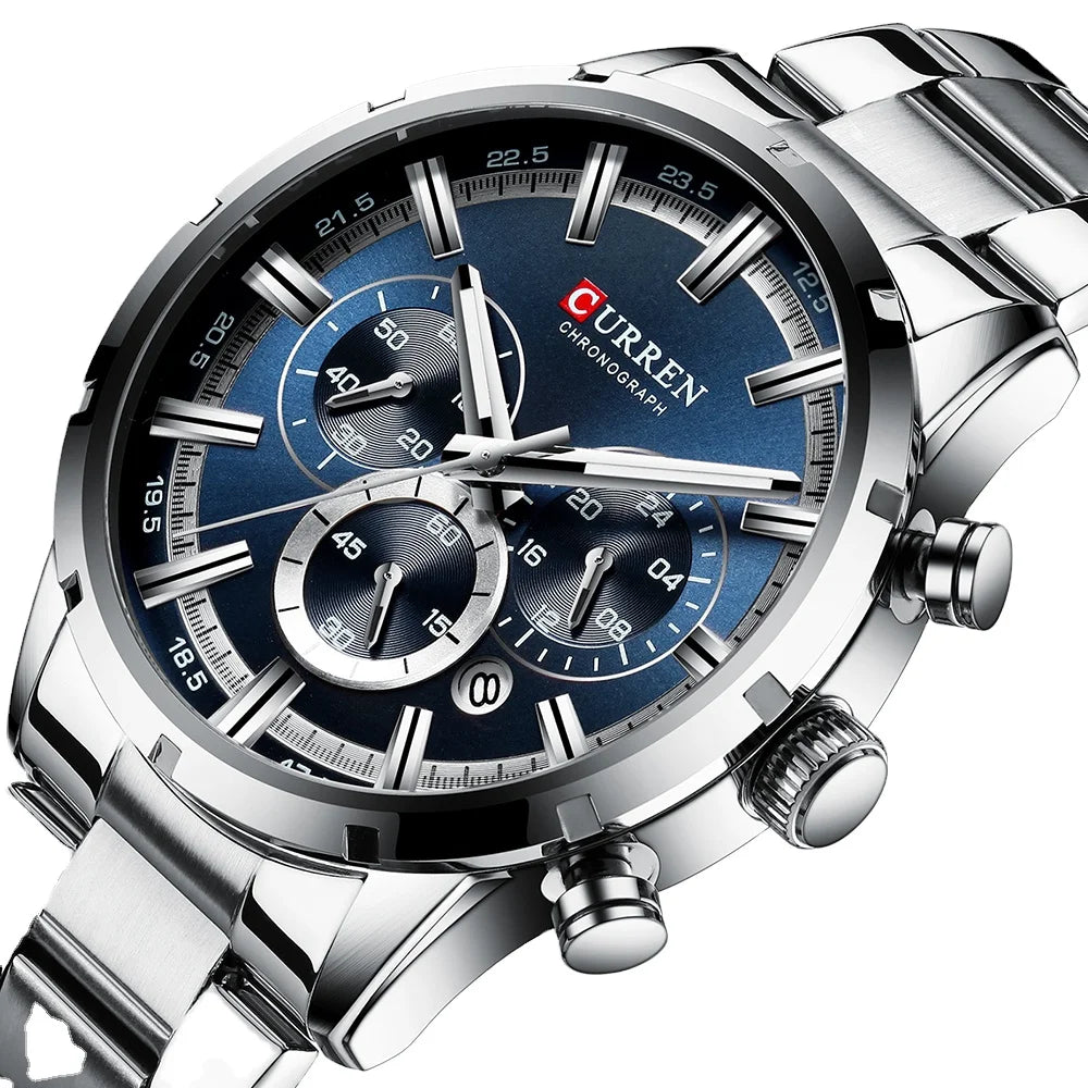 CURREN 8355 New Fashion Watches Men Wrist Blue Stainless Steel Top Luxury Mens Sports Chronograph Quartz Watch Relogio Masculino