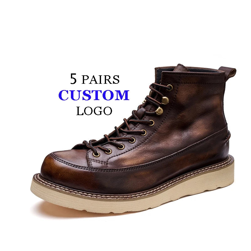 Fashion Retro Custom logo Cow Genuine Round Toe Leather Ankle Cargo Hunting Chukka Boots for Men