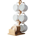 Solhui Unique Ceramic Coffee Cup and Saucer Set 4/6 Pieces Bone China Mug with Shelf Bamboo Stand