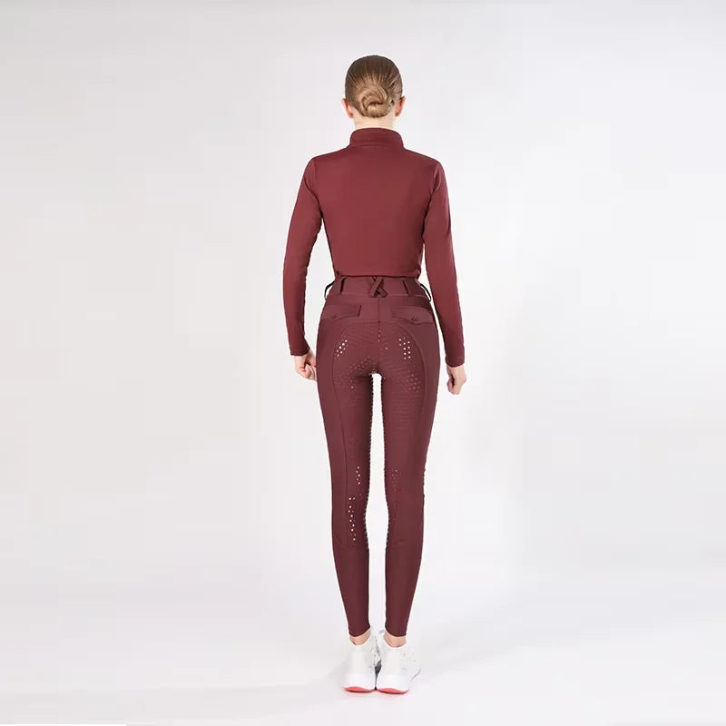 Burgundy Quick-dry Equestrian Leggings Silicone Anti-Sliding Breeches Customized Jodhpurs Horse Riding Pants for Women