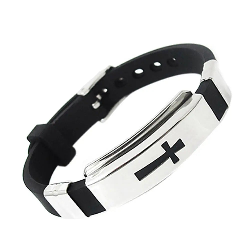 Discount Hot Deals Male and Female Stainless Steel Charm Silicone Bangle Rubber Jewelry Cross Bracelet for New Arrival