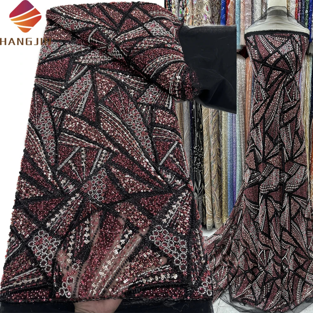 High Quality African Lace Fabric With Beads Luxury Wedding Lace Fabric Fancy Tulle Heavy Embroidery Sequins for Evening Dress